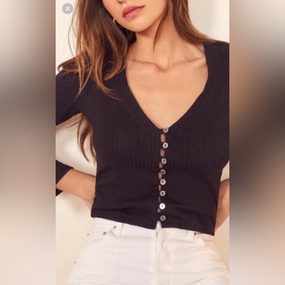 REFORMATION Gellar Black Ribbed Knit, Button Front, Long Sleeve Top, size SM
